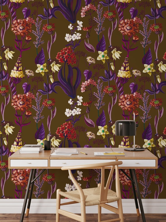 Retro 70s Floral Wallpaper, Aesthetic Brown Flowers Wall Decor, Seventies Wall Art