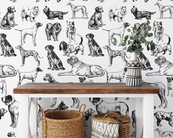 Hand-Drawn Black and White Dogs Wallpaper - Charming and Playful Wall Decor for Dog Lovers