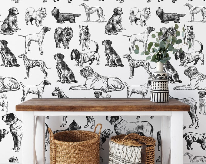 Hand-Drawn Black and White Dogs Wallpaper - Charming and Playful Wall Decor for Dog Lovers