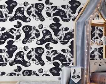 Astronaut Wallpaper for Kids Room, Cute Space Nursery Wallpaper with Planets, Black and White Celestial Wall Decor, Real Paper (Non-Pasted)