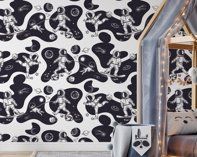Astronaut Wallpaper for Kids Room, Cute Space Nursery Wallpaper with Planets, Black and White Celestial Wall Decor, Real Paper (Non-Pasted)