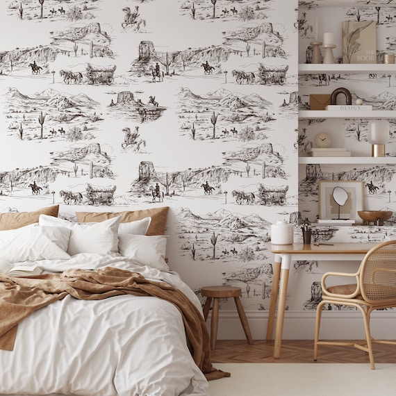 Western Aesthetic Vintage Wallpaper, Desert Wall Decor with Vintage Cowboy and Horses in Retro Comics Style