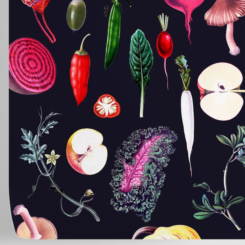 May include: A seamless pattern featuring various fruits and vegetables, including red radishes, green peas, red chili peppers, red beets, green leafy vegetables, and apples. The background is a dark blue color.