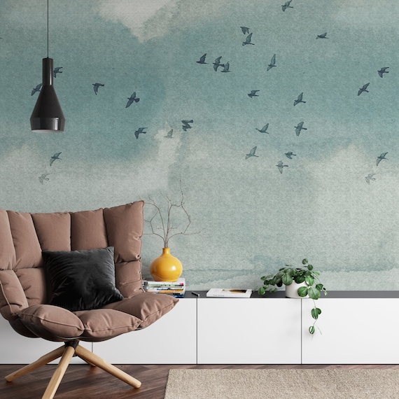 wetenschappelijk Extra Milieuvriendelijk Extra grote wall art flock vogels natuur behang aquarel groen - Etsy  Nederland