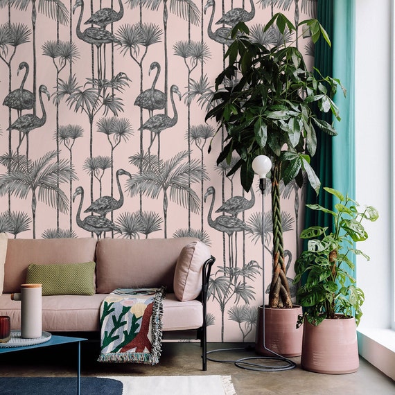 Pink Flamingo Wallpaper, Tropical Birds Vintage Wallpaper, Dramatic Wall Covering