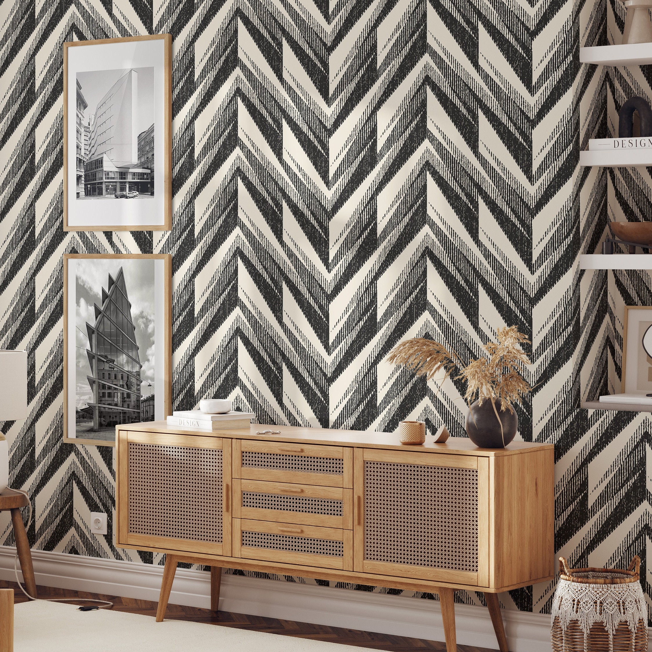 Large Zig Zag Herringbone Wallpaper, Renters Decor with Ikat Pattern