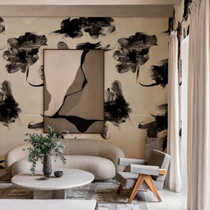 Abstrakte schwarz-weiße Blumentapete - modernes künstlerisches Blattdesign für zeitgenössisches Dekor