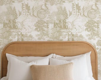 Dragon Fantasy Wallpaper Toile de Jouy – Medieval Castle with Unicorns in 4 Colors, Whimsical Wall Decor for Kids & Adults