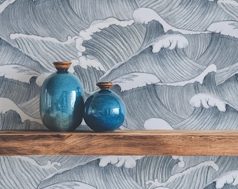 Hand-drawn Blue and White Japanese Wave Wallpaper - Serene Oceanic Wall Decor for a Zen Ambience, Whimsical Marine Wallpaper