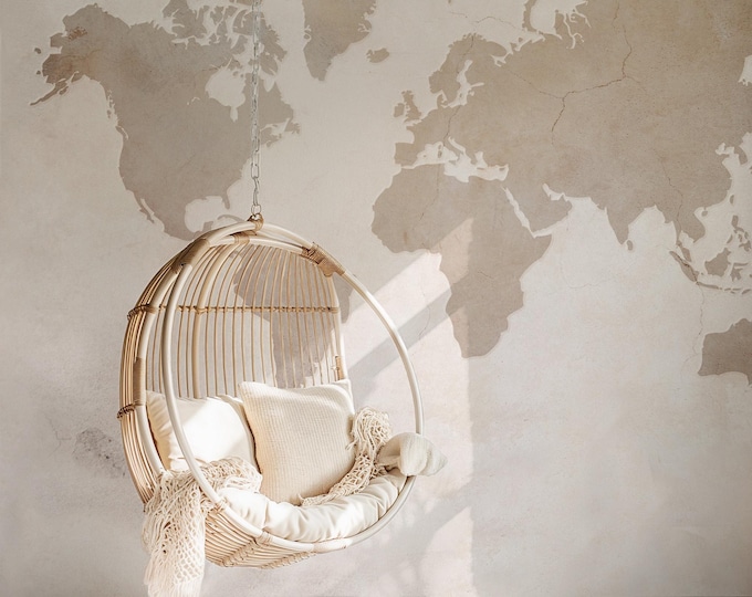 Watercolor World Map Wallpaper – Vintage Natural Tones Wall Decor for Apartment & Home Office Decor