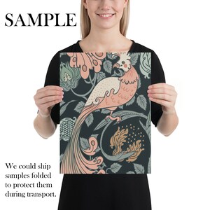 May include: A dark blue background with a stylized pink and white bird with a long tail. The bird is surrounded by green and orange floral designs.