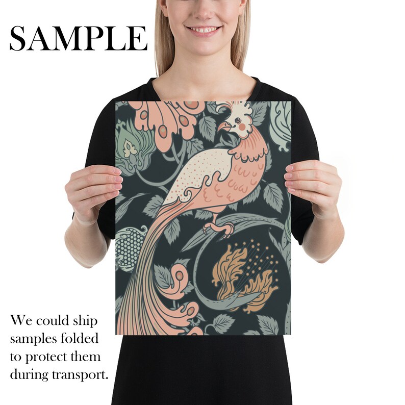 May include: A dark blue background with a stylized pink and white bird with a long tail. The bird is surrounded by green and orange floral designs.