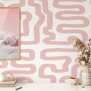 Stroke Labyrinth Pink Wallpaper, Abstract Modern Home Decor