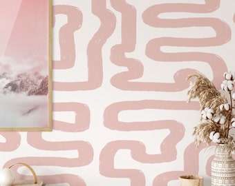 Stroke Labyrinth Pink Wallpaper, Abstract Modern Home Decor