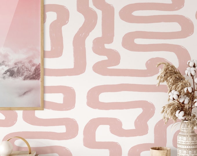 Stroke Labyrinth Pink Wallpaper, Abstract Modern Home Decor