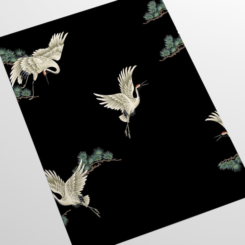 May include: A black background with a repeating pattern of white cranes flying and green pine branches. The cranes have red accents on their heads and wings.