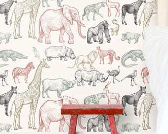 Wild Animal Nursery Wallpaper, Neutral Tones Kids Room Decor, Shabby Chic Boho Wall Art