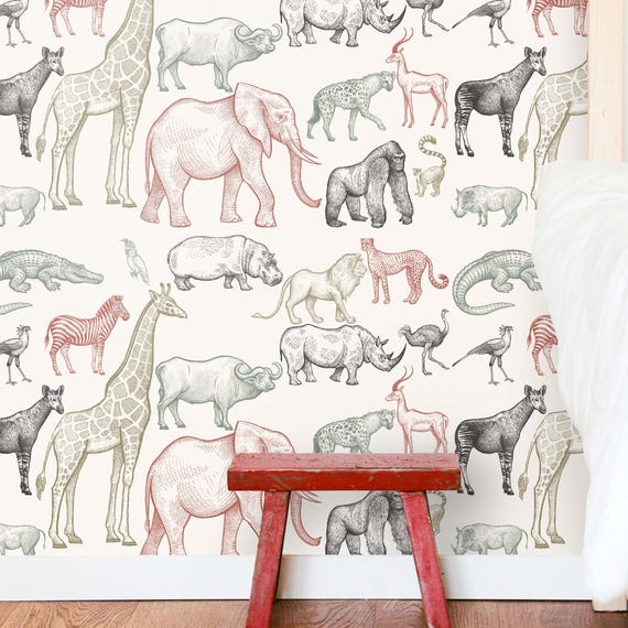 Wild Animal Nursery Wallpaper, Neutral Tones Kids Room Decor, Shabby Chic Boho Wall Art