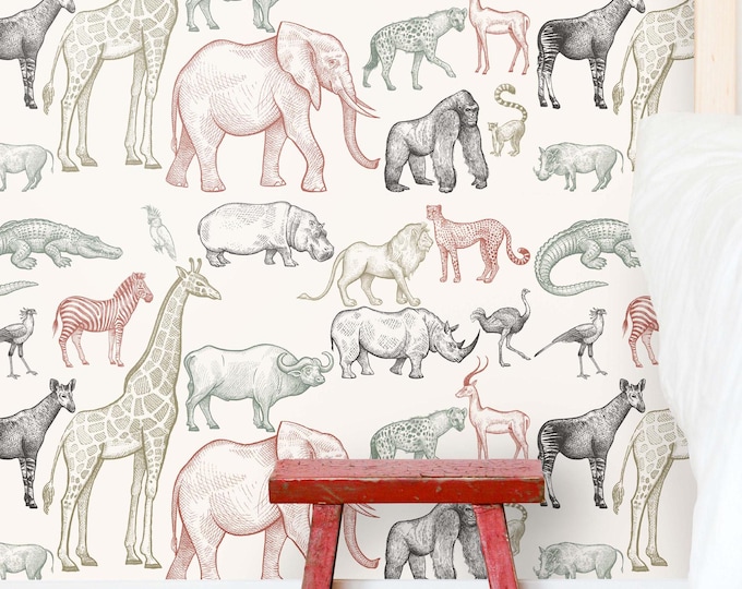 Wild Animal Nursery Wallpaper, Neutral Tones Kids Room Decor, Shabby Chic Boho Wall Art