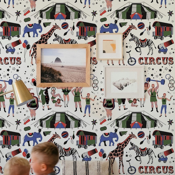 Vintage Circus Wallpaper Mural – Tattoo Style Freak Show, Tent, Acrobats & Animals Wall Decor