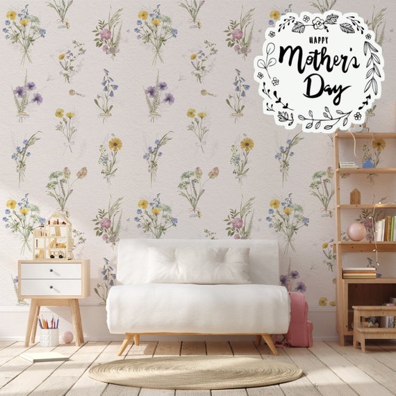 Wild flowers Wallpaper for Kids room, Hand Painted Spring Field Flower Watercolor floral Delicate Boho Nursery