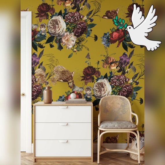 Floral Overlay Dutch Wallpaper for Baroque Decor or Accent Wall, White Peonies Botanical Flowers