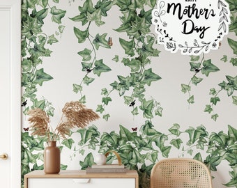 Papier peint feuilles de lierre vert grimpant avec oiseaux et papillons, décoration murale feuillage aquarelle Hedera lierre