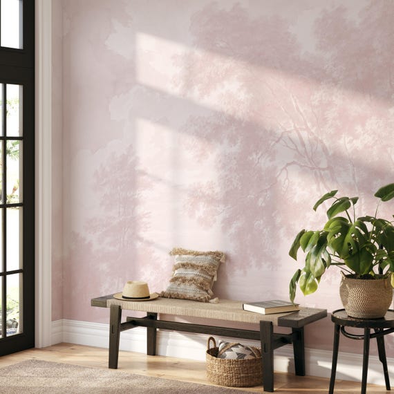 Romantic Pink Trees Wallpaper – Vintage Landscape Mural in Blush Tones, Blush Pink Toile Wall Art, Elegant Wall Decor
