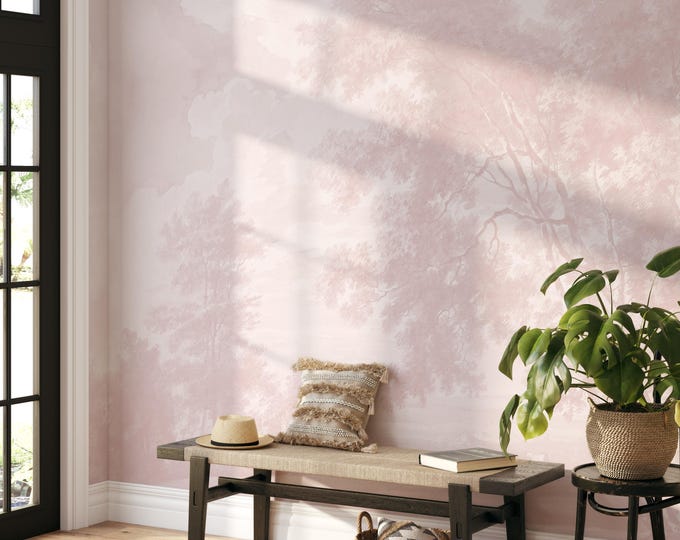 Romantic Pink Trees Wallpaper – Vintage Landscape Mural in Blush Tones, Blush Pink Toile Wall Art, Elegant Wall Decor