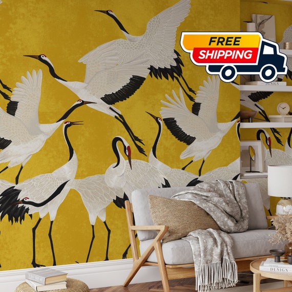 Golden Heron Print Wallpaper, Crane Wallpaper, Removable Wallpaper, Elegant Crane Dance Wallpaper, Graceful Bird Design