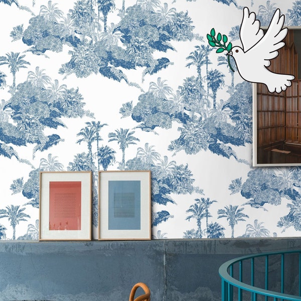 Papier peint toile de paysage tropical en bleu et blanc, décoration de maison de plage moderne de palmier, papier peint amovible en toile