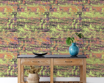 Psychelic Backdrop Grunge Wallpaper, Textured Wall Decor in Yellow and Orange, Modern Design Wall Art