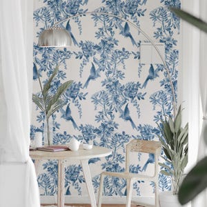 Vintage Toile Wallpaper, Blue Floral Birds, Victorian Botanical Mural