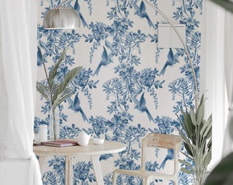 Antique French Blue and White Wallpaper, Vintage Toile Floral Birds Wallpaper, Victorian Bathroom Wall Decor, Blue Sparrow Mural