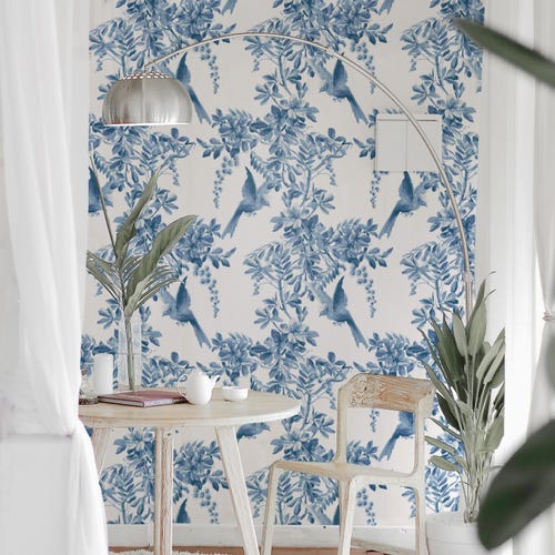 Vintage Toile Wallpaper, Blue Floral Birds, Victorian Botanical Mural