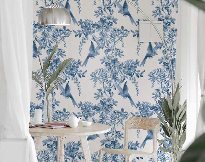 Antique French Blue and White Wallpaper, Vintage Toile Floral Birds Wallpaper, Victorian Bathroom Wall Decor, Blue Sparrow Mural