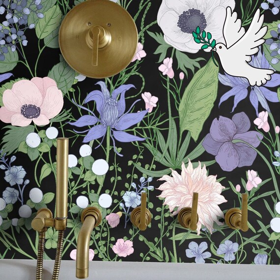 Field floral Removable Wallpaper on Black Background, Whimsical Wildflowers Modern Wall Paper