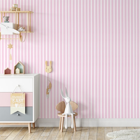 Light Pink Striped Wallpaper for Girls Room, Nursery Wall Art, Pink White Stripes Roll