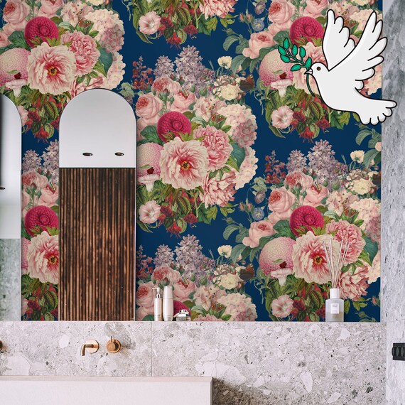 Blue Floral Dutch Wallpaper for maximalist decor, large floral prints with Botanical Stamp