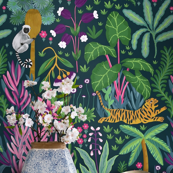 Tropical Dark Jungle Wallpaper, Whimsical Tiger Painting Dark Boho Wall decor, Exotic Nature Scene Wall Art