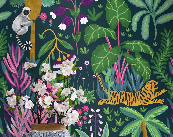 Tropical Dark Jungle Wallpaper, Whimsical Tiger Painting Dark Boho Wall decor, Exotic Nature Scene Wall Art