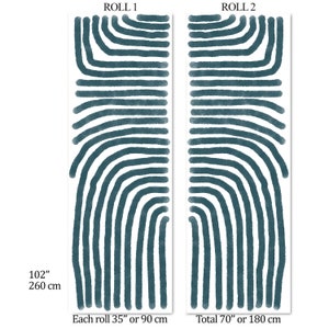 May include: Two rolls of teal blue patterned wallpaper, each measuring 35 inches or 90 centimeters in width. The total length of the two rolls is 70 inches or 180 centimeters. The wallpaper has a repeating pattern of curved lines.