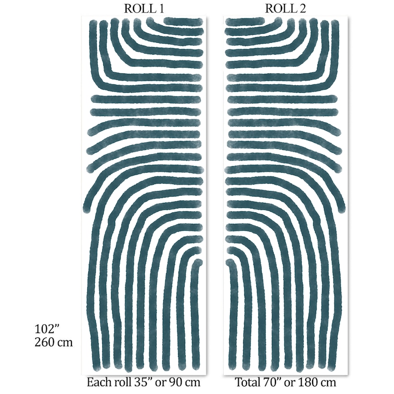 May include: Two rolls of teal blue patterned wallpaper, each measuring 35 inches or 90 centimeters in width. The total length of the two rolls is 70 inches or 180 centimeters. The wallpaper has a repeating pattern of curved lines.
