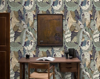 Art Nouveau Victorian Wallpaper with Floral Damask for Wall Decore, Blue and Green Foliage Pattern for a Accent Wall