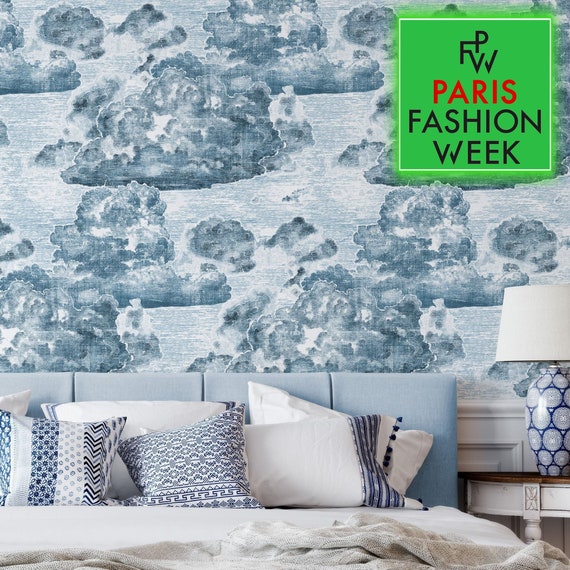 Hand-Engraved Blue and White Cloud Wallpaper - Ethereal Wall Decor with Artistic Flair and Handcrafted Charm, Vintage Style Cloud Wallpaper
