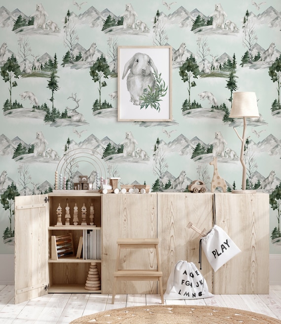 Winter Woodland Nursery Wallpaper, Kids Forest Animals Wall Decor, Backwoods Wall Art