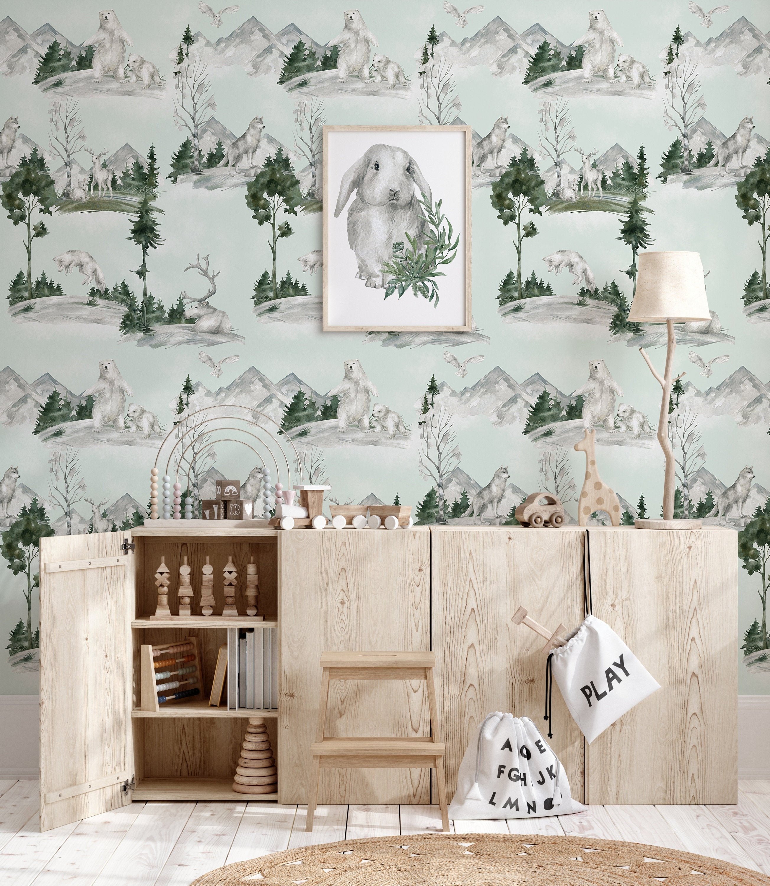 Winter Woodland Nursery Wallpaper, Kids Forest Animals Wall Decor