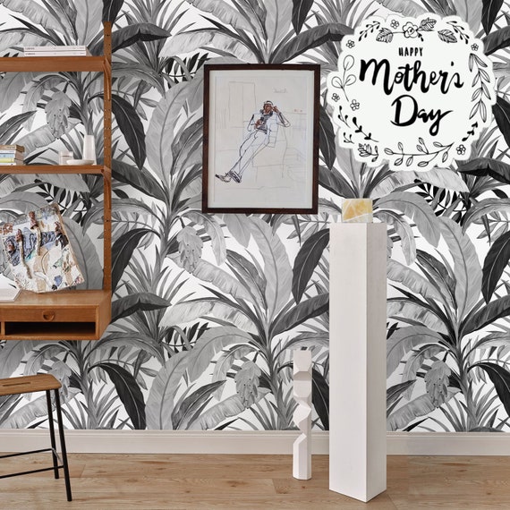 Aesthetic Room Decor Black and White Jungle Wallpaper, Boho Chic Wall Art with Tropical Leaves