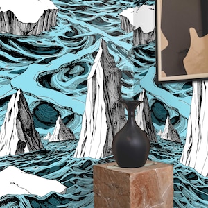 Carta da Parati Iceberg e Onde Oceaniche, Design Artico Stampato a Mano, Decorazione Nautica Eco-Sostenibile, Carta Italiana di Alta Qualità