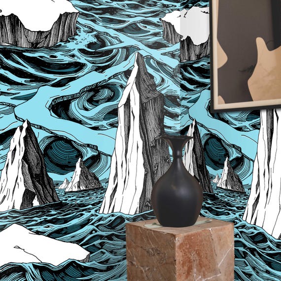 Iceberg and Ocean Waves Wallpaper – Hand-Printed Arctic Design | Eco-Friendly Nautical Décor | Italian Sustainable Paper